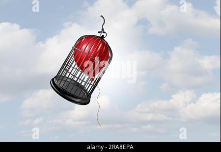 overcoming or overcome limitations and restrictions as a cage obstacle being lifted by a balloon as a metaphor for taking control and successor Stock Photo