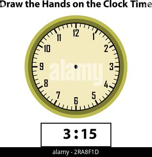 Draw hands Analog clock. What is the time, Learning clock, and math worksheet? Telling the Time Practice for Children Worksheets. Learning  clock Stock Vector