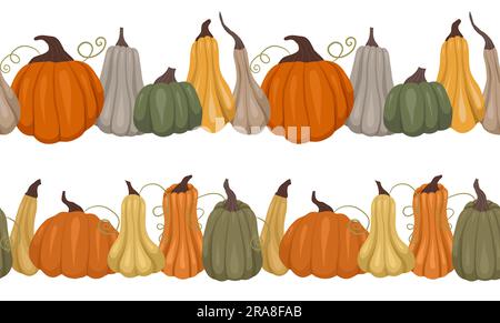 Set of vector seamless border with pumpkins. Collection of autumn frieze with vegetables isolated from the background. Nature pattern for dividers Stock Vector