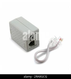 Splitter DSL (Digital Subscriber Line) and telephone patch cord isolated on a white background Stock Photo