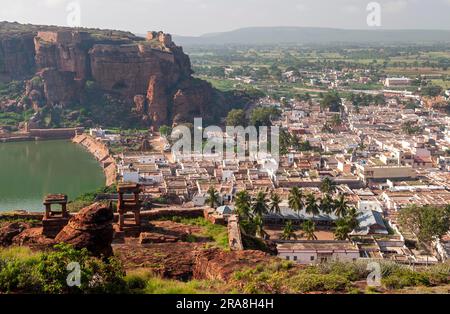 Birds eye view of Badami from north fort, Karnataka, South India, India, Asia Stock Photo