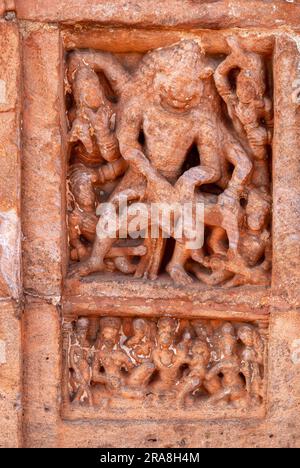 Ukkra Narasimha killing Hiranya, sculptures in the Upper Shivalaya Temple in north fort in Badami, Karnataka, South India, India, Asia Stock Photo