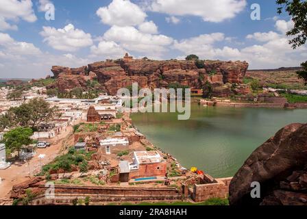 Birds eye view of Badami and Agasthya lake from south fort, Karnataka, South India, India, Asia Stock Photo