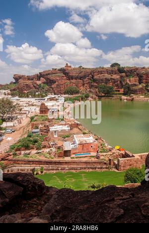 Birds eye view of Badami and Agasthya lake from south fort, Karnataka, South India, India, Asia Stock Photo