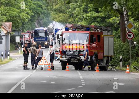 Forest fire after drought in the forest, roadblock by a fire engine, Treuenbrietzen, Brandenburg, Germany Stock Photo