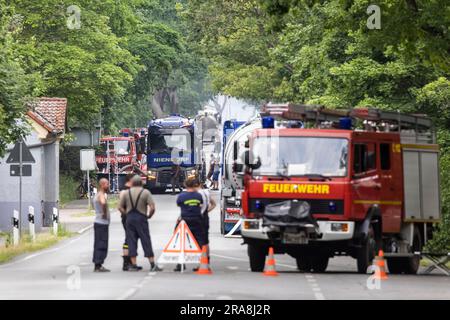 Forest fire after drought in the forest, roadblock by a fire engine, Treuenbrietzen, Brandenburg, Germany Stock Photo