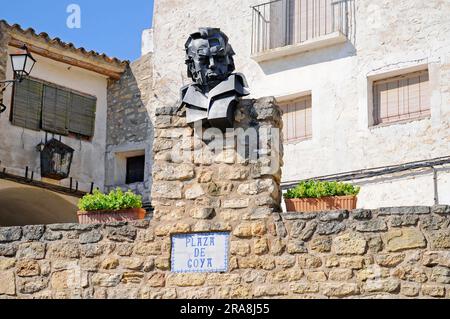 Monument, in front of the house where Francisco Jose de Goya was born, Plaza de Goya, Fuendetodos, Aragon, Spain, Spanish painter and graphic artist Stock Photo