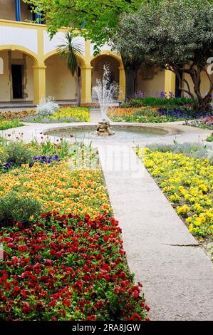 Garden with fountain, Espace Van Gogh cultural centre, former hospital, Arles, Bouches-du-Rhone, Provence-Alpes-Cote d'Azur, Southern France Stock Photo