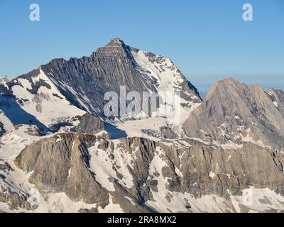 AERIAL VIEW. North-facing side of Mount Grande Casse (elevation: 3855m), this is the highest peak in the Vanoise Massif. Auvergne-Rhône-Alpes, France. Stock Photo