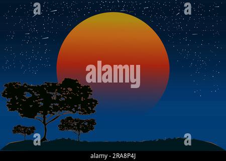 Africa or Australia wild landscape with acacia trees, orange sun and evening sky. Night banner with copy space. Scenery with purple sundown or sunrise Stock Vector