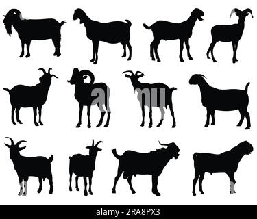 Set of Goats Silhouette Vector Art on White Background Stock Vector