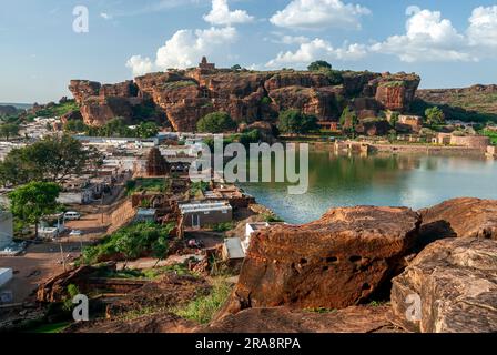 Birds eye view of Badami from south fort, Karnataka, South India, India, Asia Stock Photo