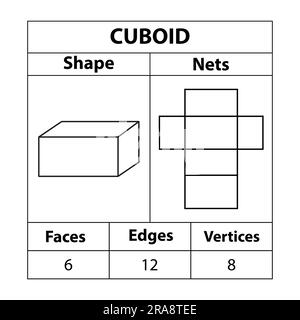 Cuboid nets, faces, edges, and vertices. Geometric figures. in mathematics. are set isolated on a white backdrop. Geometric 3d shapes nets. vector. Stock Vector