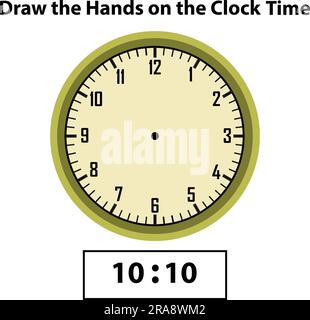 Draw hands Analog clock. What is the time, Learning clock, and math worksheet? Telling the Time Practice for Children Worksheets. Learning  clock Stock Vector