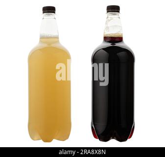 Two plastic bottles with dark and light beer. Isolated on a white background. File contains clipping path. Stock Photo