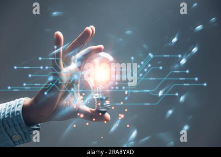 woman Hand holding Light bulb Global Internet connection. Business global internet connection application technology and digital marketing, Financial Stock Photo