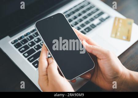 Woman hands of using online virtual app on mobile phone. Millennial guy chatting on smartphone, using banking services, reading text message, typing, Stock Photo