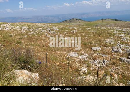 Panoramic sunset view of the Sea of Galilee from the Golan Heights, Northern Israel Stock Photo