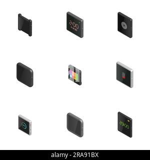 Set of different smart watches, isolated on white background. Elements design of digital devices. 3D isometric style, vector illustration. Stock Vector
