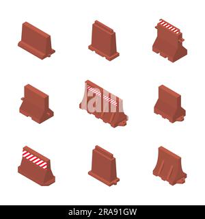 Set of plastic road barriers with a markup, isolated on white background. Flat 3D isometric style, vector illustration. Stock Vector