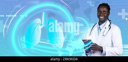 Cheerful young black man doctor, examining human lungs, collage Stock Photo