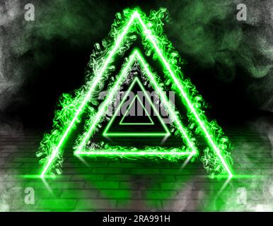 Neon triangles and smoke in room with brick floor Stock Photo