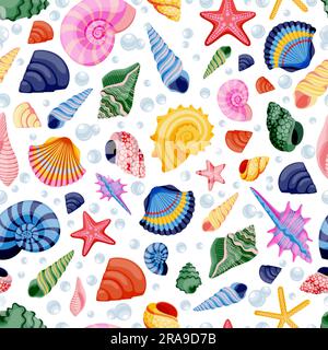 Colorful bright seashells and bubbles on white background. Summer travel seamless pattern. Vector flat cartoon illustration of sea shells. Tropical fa Stock Vector