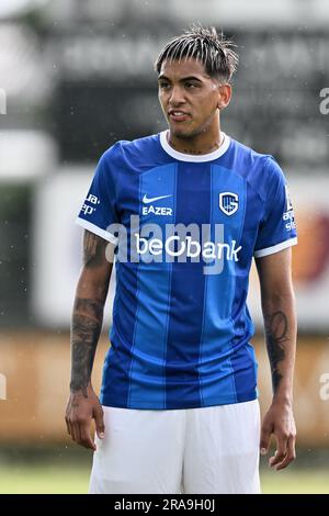 GENK, BELGIUM - JULY 14: Mujaid Sadick of Genk coaches his teammates during  the Club Friendly match between KRC Genk and AZ Alkmaar at Luminus Arena on  July 14, 2021 in Genk