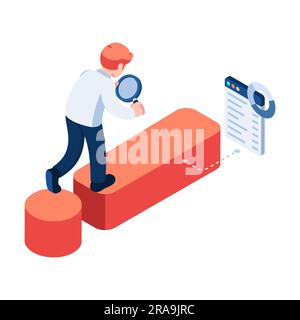 Flat 3d Isometric Businessman use Magnifying Glass Analyze Exclamation Mark. Problem Analysis Concept. Stock Vector