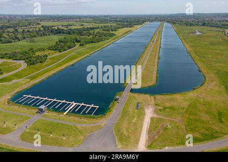 Aerial view of the rowing lake at Dorney Lake, beside the River Thames, Windsor, UK. Stock Photo