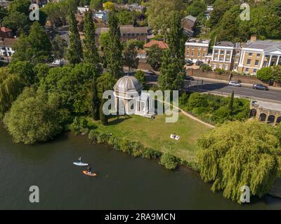 Aerial view of Garrick's Temple to Shakespeare on the River Thames, Hampton, Surrey, UK. Stock Photo