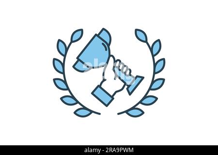 Cup trophy holding icon with laurel wreath. icon related to celebration, winner, success, reward. Flat line icon style design. Simple vector design ed Stock Vector