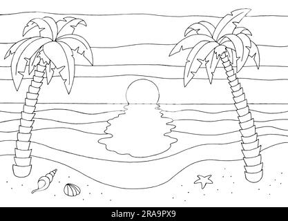 Sunset on the sea graphic beach black white landscape sketch illustration vector Stock Vector