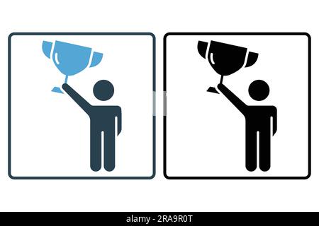 Winner icon. Man holding trophy cup. icon related to celebration, winner, success, reward. Solid icon style design. Simple vector design editable Stock Vector