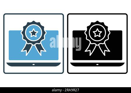 competition win icon. winner award ceremony, medal on the laptop. icon related to winner, success, victory. Solid icon style design. Simple vector des Stock Vector
