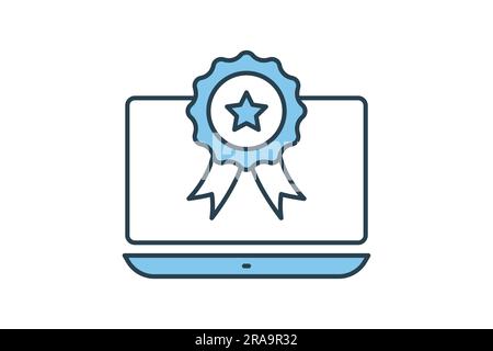 competition win icon. winner award ceremony, medal on the laptop. icon related to winner, success, victory. Flat line icon style design. Simple vector Stock Vector