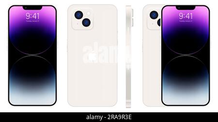 Apple iPhone 14. Smart phone. Available in white color. New iPhone 14 pro max. Mock-up screen iphone and back side iphone. By Apple Inc. Editorial Stock Vector