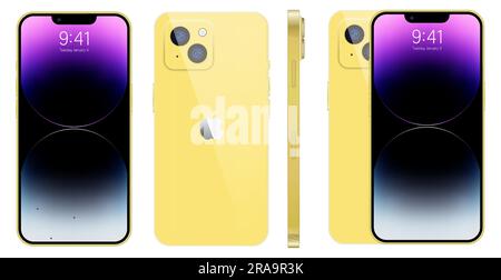 Apple iPhone 14. Smart phone. Available in golden color. New iPhone 14 pro max. Mock-up screen iphone and back side iphone. By Apple Inc. Editorial Stock Vector