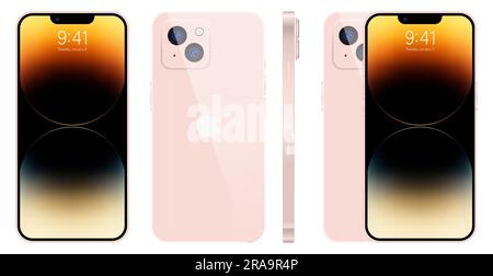 Apple iPhone 14. Smart phone. Available in pink color. New iPhone 14 pro max. Mock-up screen iphone and back side iphone. By Apple Inc. Editorial Stock Vector