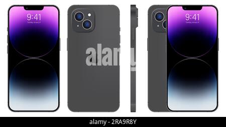 Apple iPhone 14. Smart phone. Available in black color. New iPhone 14 pro max. Mock-up screen iphone and back side iphone. By Apple Inc. Editorial Stock Vector