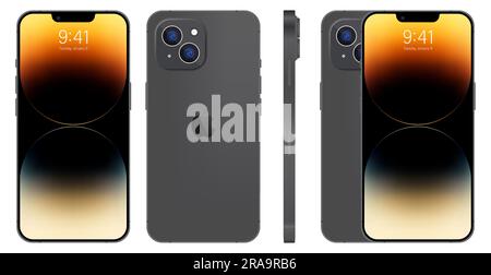 Apple iPhone 14. Smart phone. Available in black color. New iPhone 14 pro max. Mock-up screen iphone and back side iphone. By Apple Inc. Editorial Stock Vector