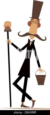Cartoon painter holding paint brush and bucket of paint. House painter in the top hat. Paint brush. Bucket of paint Stock Vector