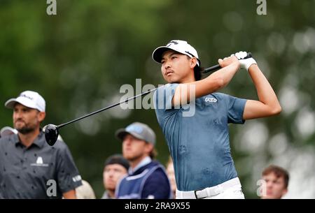 Min Woo Lee of Australia on the eighteenth tee during day four of the Betfred British Masters at The Belfry, Sutton Coldfield. Picture date: Sunday July 2, 2023. Stock Photo