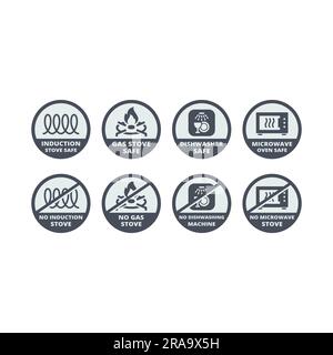 Induction and gas stove safe vector label set. Dishwasher and microwave safe icon set. Stock Vector