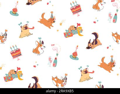 Vector background with dogs and cakes. Corgi puppies, pug, English bulldog, German shepherd, Labrador. Flat seamless texture of festive attributes for a dog party. Isolated print with cute animals Stock Vector