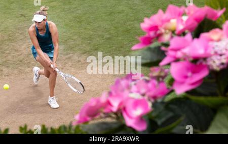 London, UK. 02nd July, 2023. Belgian Elise Mertens pictured in action during a training session ahead of the 2023 Wimbledon grand slam tennis tournament at the All England Tennis Club, in south-west London, Britain, Sunday 02 July 2023. BELGA PHOTO BENOIT DOPPAGNE Credit: Belga News Agency/Alamy Live News Stock Photo