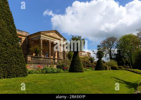 Pillared portico of Hillsborough Palace, an Irish government building and royal residence, County Down, Northern Ireland. Stock Photo