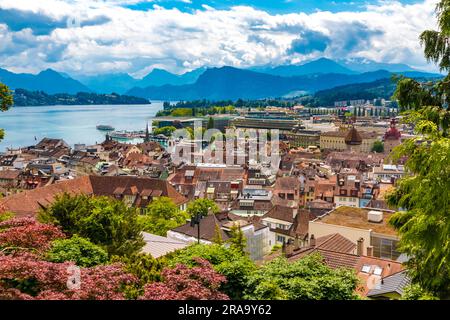 Nice view of Lucerne's Old Town at the lake Vierwaldstättersee with the piers, the train station and the Culture and Congress Centre, embedded with a... Stock Photo