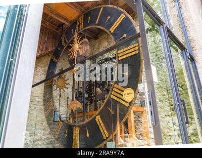 Great close-up view of the Lucerne's Town Hall clock with a large dial constructed in 1526. It is now displayed in the Zytturm (Time Tower) which is... Stock Photo