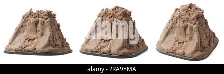 dirty dust filter of vacuum cleaner, service household equipment concept, collected dirt, trapped fur and debris, isolated on white background in diff Stock Photo